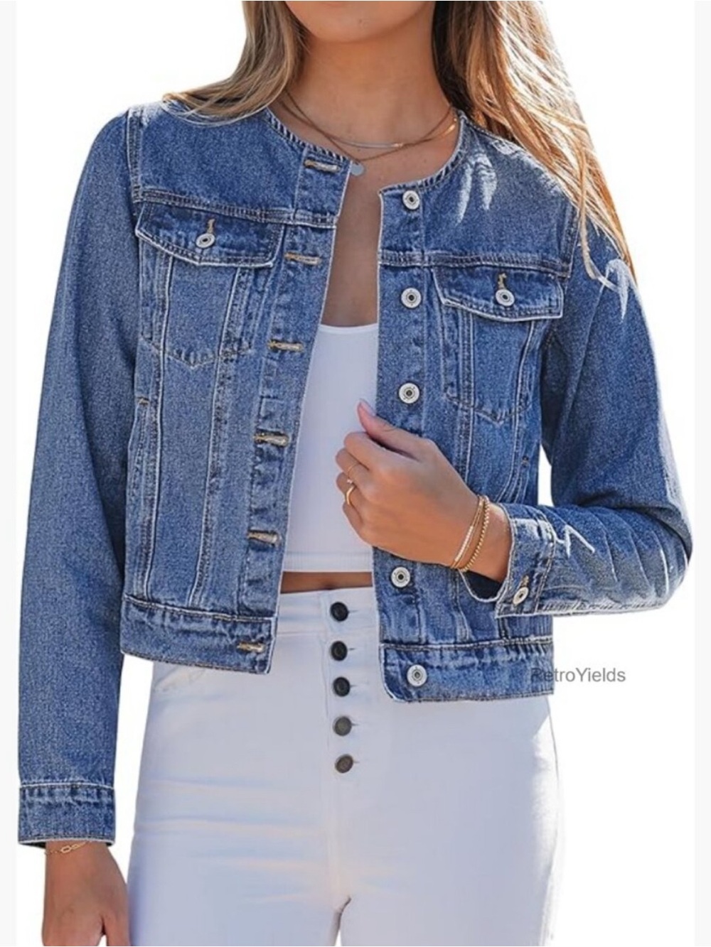 Michael Kors Women's Cafe Collar Jean Jacket Denim XL Gold Buttons R-$155 Moto